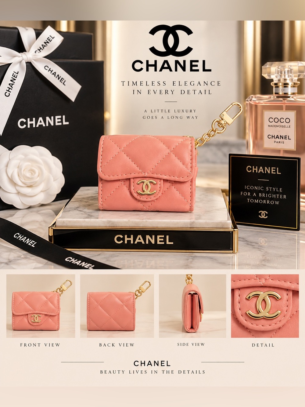 Quilted Coral Key & Airpods Holder with Gold Hardware